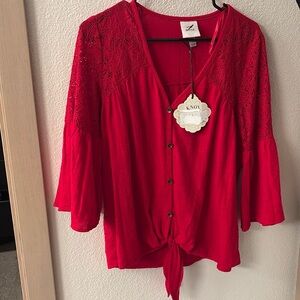Knox Rose Red Tie Front Boho Top with Bell Sleeves Size Small NWT